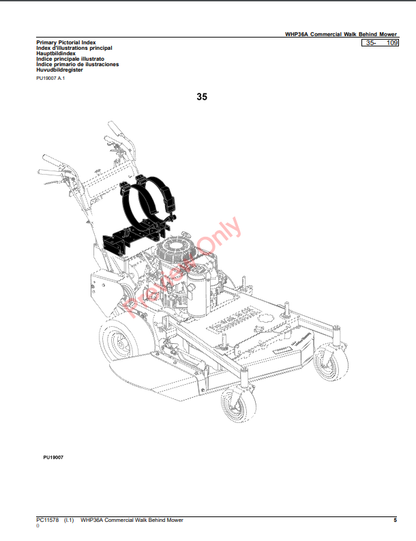 JOHN DEERE WHP36A COMMERCIAL WALK BEHIND MOWER PC11578 - PARTS CATALOG MANUAL