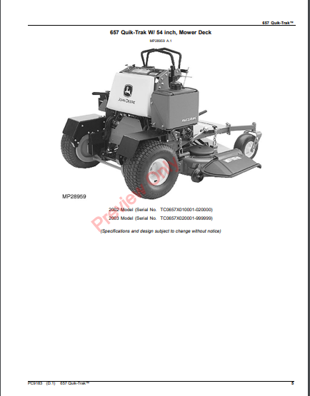 JOHN DEERE 657 QUIK-TRAK MOWER PC9183 - PARTS CATALOG MANUAL