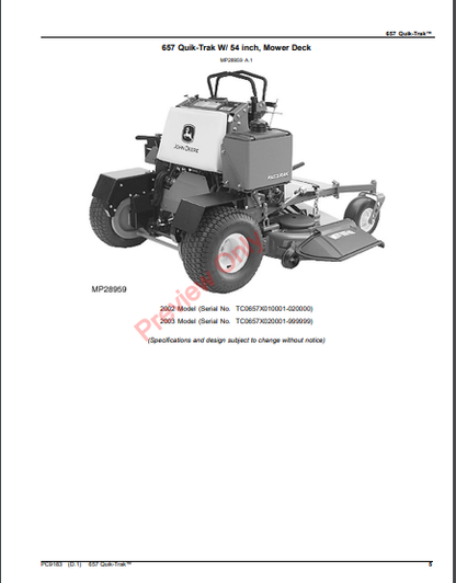 JOHN DEERE 657 QUIK-TRAK MOWER PC9183 - PARTS CATALOG MANUAL