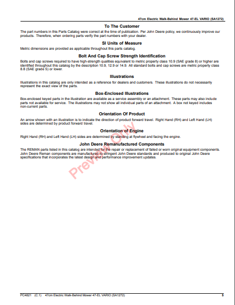 JOHN DEERE 47CM WALK-BEHIND MOWER 4-CYCLE ENGINE, 47-EL VARIO (SA1272) PC4821 - PARTS CATALOG MANUAL