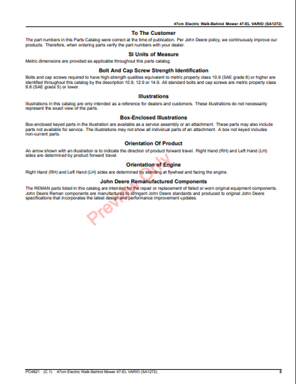 JOHN DEERE 47CM WALK-BEHIND MOWER 4-CYCLE ENGINE, 47-EL VARIO (SA1272) PC4821 - PARTS CATALOG MANUAL