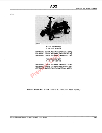 JOHN DEERE R70, R72 & R92 RIDING MOWERS PC1958 - PARTS CATALOG MANUAL