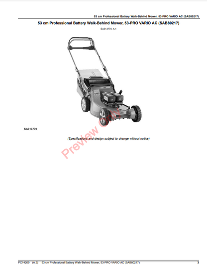 JOHN DEERE 53CM PROFESSIONAL BATTERY WALK-BEHIND MOWER, 53-PRO VARIO AC (SAB80217) PC14209 - PARTS CATALOG MANUAL