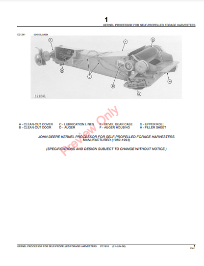 JOHN DEERE KERNEL PROCESSOR FOR SELF-PROPELLED FORAGE HARVESTERS PC1918 - PARTS CATALOG MANUAL