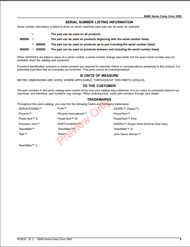 JOHN DEERE 59000 SERIES PUMP DRIVE OEM PC9518 - PARTS CATALOG MANUAL