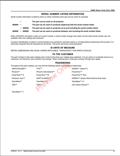 JOHN DEERE 59000 SERIES PUMP DRIVE OEM PC9518 - PARTS CATALOG MANUAL