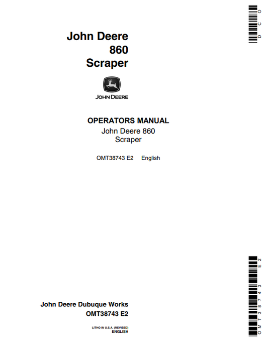 JOHN DEERE 860 Construction  Scrapers  OPERATOR MANUAL -  OMT38743