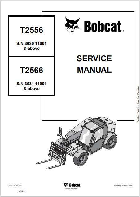 Access the comprehensive service manual for BOBCAT T2556 and T2566 models. Download the PDF file (4852210) for detailed maintenance and repair guidance.