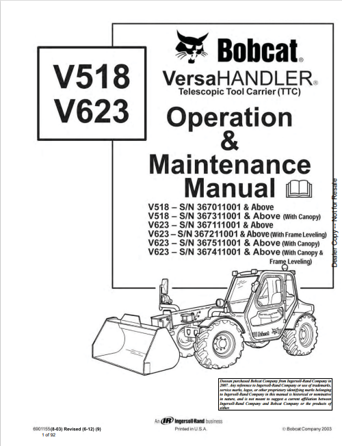 Discover the comprehensive operation and maintenance manual for BOBCAT V518 and V623 Versahandler Telescopic Tool Carrier. Download the PDF now!