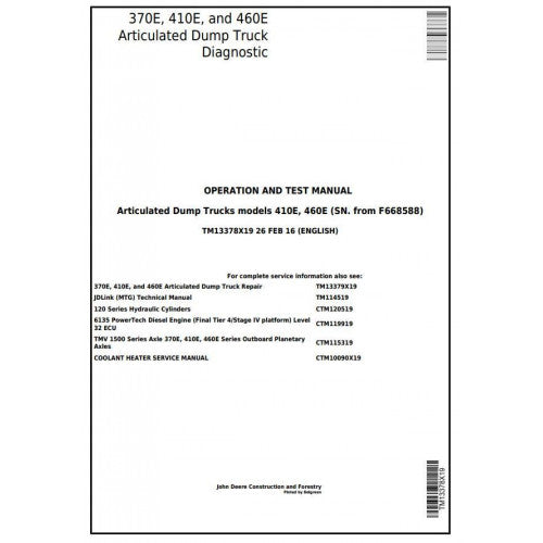 DIAGNOSTIC MANUAL - JOHN DEERE 460E ARTICULATED DUMP TRUCK (SN. FROM F668588) TM13378X19