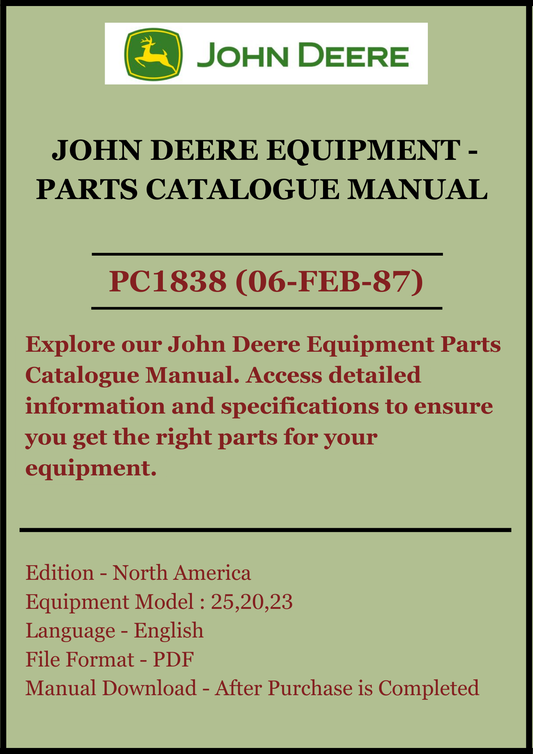 PARTS CATALOGS MANUAL - JOHN DEERE 20,23,25 INTEGRAL PLOWS PC1838 (06-FEB-87)