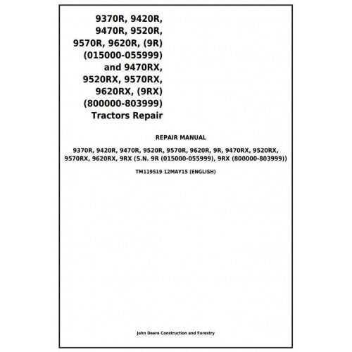 REPAIR MANUAL - JOHN DEERE 9620R TRACTORS TM119519