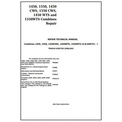 REPAIR SERVICE MANUAL - JOHN DEERE 1450CWS, COMBINES TM4910