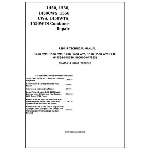 REPAIR SERVICE MANUAL - JOHN DEERE 1450, 1550, 1450CWS, 1550CWS, 1450WTS, 1550WTS TM4714