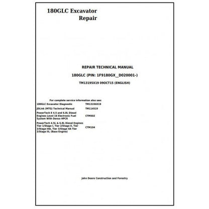 SERVICE REPAIR TECHNICAL MANUAL- JOHN DEERE 180GLC (PIN: 1F9180GX__D020001-) EXCAVATOR TM13195X19