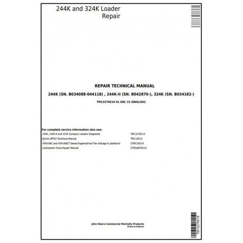 REPAIR MANUAL -  JOHN DEERE 244K  (SN.B034088-044118)  224K-II (SN.B042870-)  (SN.B034182-) LOADER TM13279X19