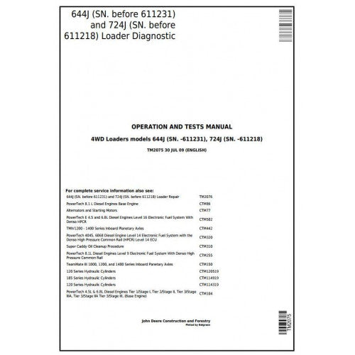 DIAGNOSTIC & TEST SERVICE MANUAL - JOHN DEERE 724J  (SN.-611231) (SN.-611218) 4WD LOADER TM2075