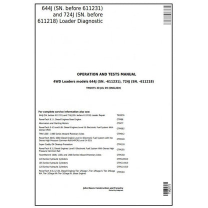 DIAGNOSTIC & TEST SERVICE MANUAL - JOHN DEERE 724J  (SN.-611231) (SN.-611218) 4WD LOADER TM2075