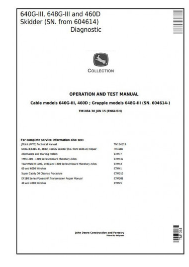 DIAGNOSTIC SERVICE MANUAL -  JOHN DEERE 648G-III  TIMBERJACK 460D (SN.604614-) SKIDDER TM1084