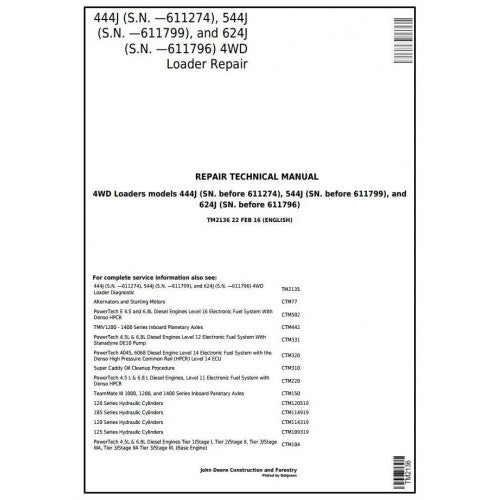 REPAIR MANUAL - JOHN DEERE  544J 4WD LOADER TM2136