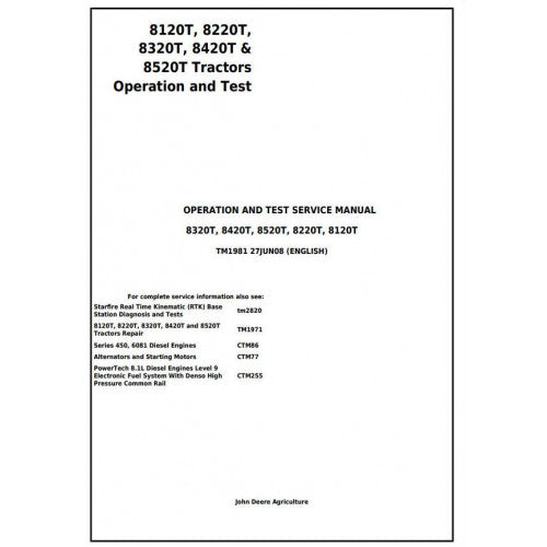 OPERATION & TEST SERVICE MANUAL - JOHN DEERE 8520T TRACKS TRACTOR TM1981