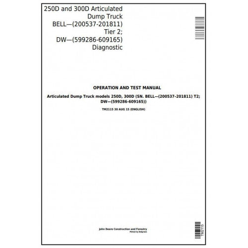 DIAGNOSTIC AND TEST SERVICE MANUAL-JOHN DEERE 300D ARTICULATED DUMP TRUCK (BELL, DW) TM2115