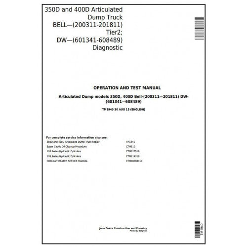 DIAGNOSTIC AND TEST SERVICE MANUAL-JOHN DEERE 350D,ARTICULATED DUMP TRUCK (BELL, DW) TM1940