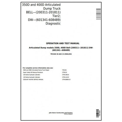 DIAGNOSTIC AND TEST SERVICE MANUAL-JOHN DEERE 400D ARTICULATED DUMP TRUCK (BELL, DW) TM1940