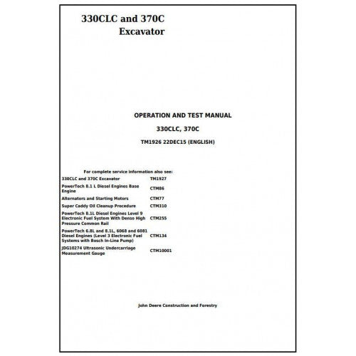 DIAGNOSTIC, OPERATION AND TEST SERVICE MANUAL- JOHN DEERE 370C EXCAVATOR TM1926