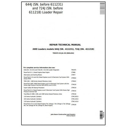 SERVICE REPAIR TECHNICAL MANUAL -JOHN DEERE 644J  (SN.-611231)(SN.-611218) 4WD LOADER TM2076