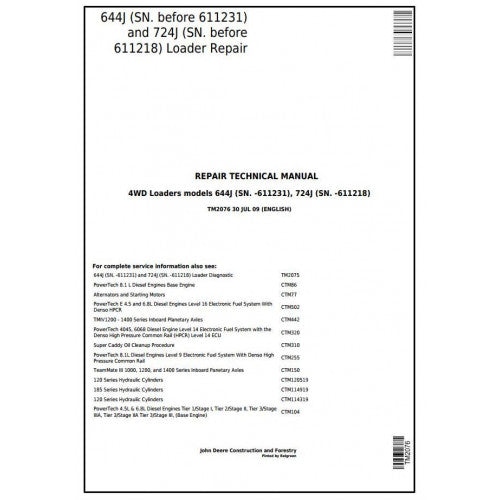 SERVICE REPAIR TECHNICAL MANUAL - JOHN DEERE 644J, 724J  4WD LOADER TM2076