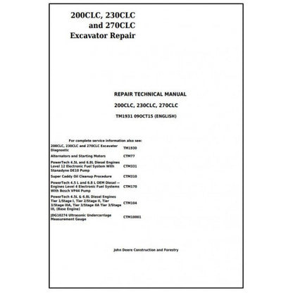 SERVICE REPAIR TECHNICAL MANUAL-JOHN DEERE 200CLC, 230CLC AND 270CLC EXCAVATOR TM1931