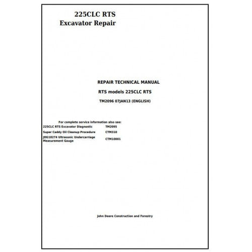 SERVICE REPAIR TECHNICAL MANUAL- JOHN DEERE 225CLC RTS RTS EXCAVATOR TM2096