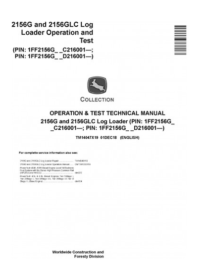 DIAGNOSTIC SERVICE MANUAL - JOHN DEERE 2156G,2156GLC (SN. C216001-, D216001-) LOG LOADER TM14047X19