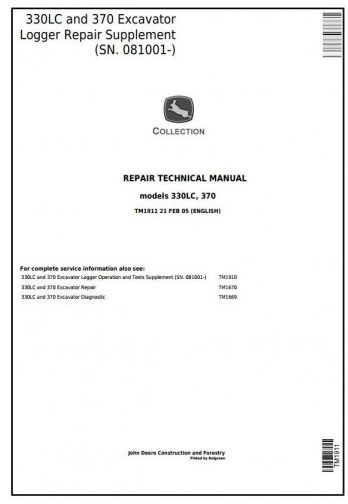 SERVICE REPAIR MANUAL - JOHN DEERE 330LC AND EXCAVATOR LOGGER (SN.081001-)  TM1911