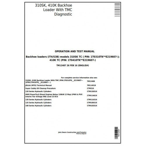 DIAGNOSTIC AND TEST SERVICE MANUAL - JOHN DEERE 410K  BACKHOE LOADER W.TMC TM12487