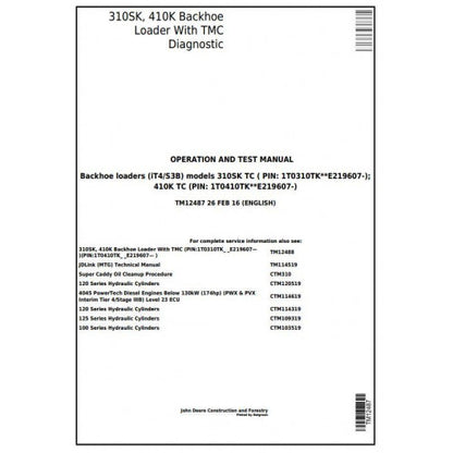 DIAGNOSTIC AND TEST SERVICE MANUAL - JOHN DEERE 410K  BACKHOE LOADER W.TMC TM12487