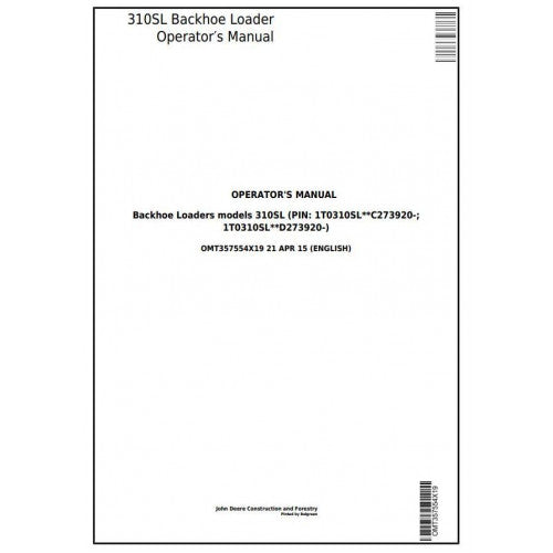 OPERATOR'S MANUAL - JOHN DEERE 310SL BACKHOE LOADER OMT357554X19