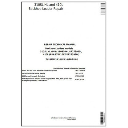 SERVICE REPAIR TECHNICAL MANUAL -  JOHN DEERE 410L BACKHOE LOADER (SN.273920-) TM13300X19