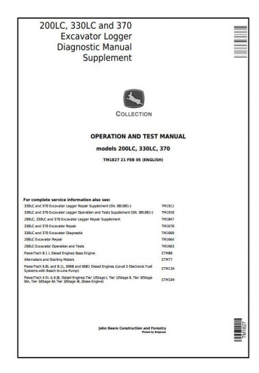 DIAGNOSTIC AND TEST MANUAL - JOHN DEERE 330LC, EXCAVATOR LOGGER TM1827