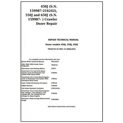 SERVICE REPAIR TECHNICAL MANUAL -JOHN DEERE 550J CRAWLER DOZER TM10722