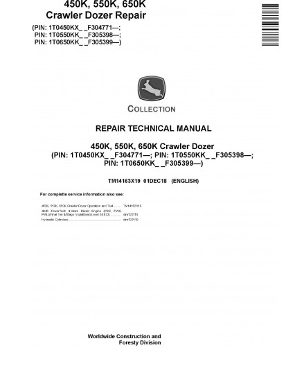 REPAIR TECHNICAL SERVICE MANUAL - JOHN DEERE 450K CRAWLER DOZER (TM14163X19)