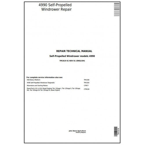 SERVICE REPAIR TECHNICAL MANUAL - JOHN DEERE 4990 SELF-PROPELLED HAY AND FORAGE WINDROWER TM1819