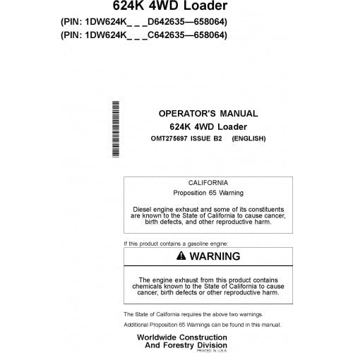 OPERATOR MANUAL - JOHN DEERE 4WD LOADER 624K WITH ENGINES 6068HDW79(T3), 6068HDW83(S2) OMT275697