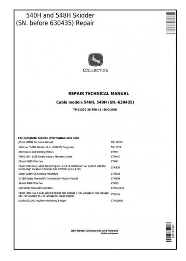 SERVICE REPAIR MANUAL - JOHN DEERE 540H CABLE SKIDDER AND 548H GRAPPLE SKIDDER (SN.-630435) TM11330