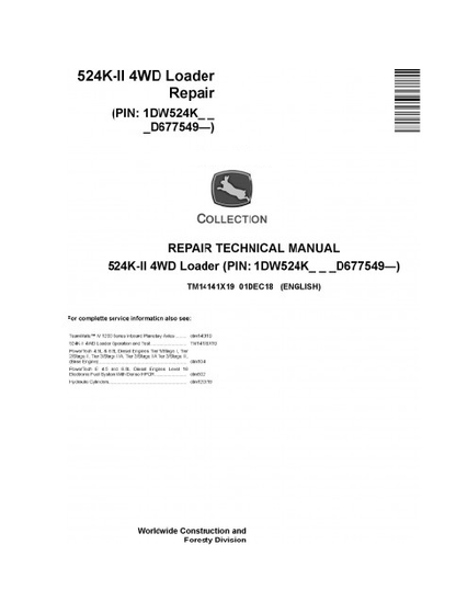 REPAIR TECHNICAL SERVICE MANUAL - JOHN DEERE 524K-II (SN. D677549-) 4WD LOADER  (TM14141X19)