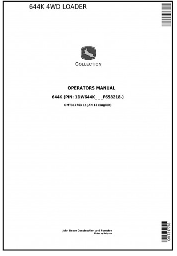 OPERATORS MANUAL - JOHN DEERE 644K 4WD LOADER (SN. FROM F658218) OMT317763