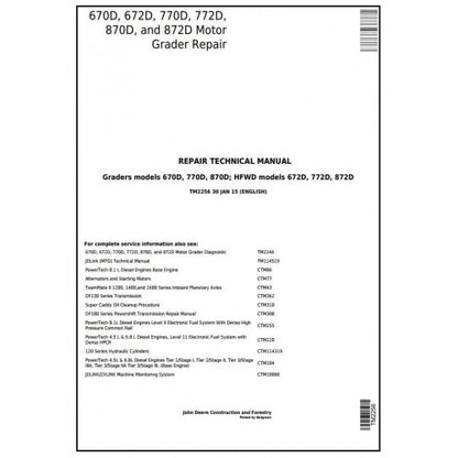 SERVICE REPAIR TECHNICAL MANUAL -  JOHN DEERE 870D MOTOR GRADER TM2256