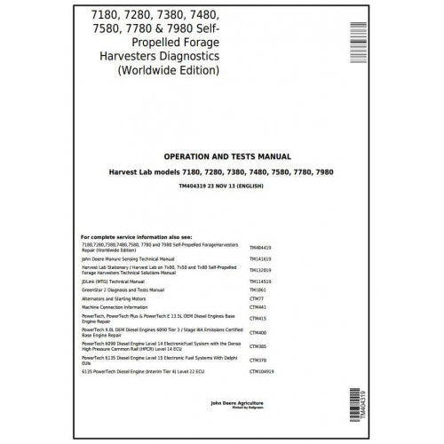 DIAGNOSTIC SERVICE MANUAL -  JOHN DEERE 7980 FORAGE HARVESTERS TM404319