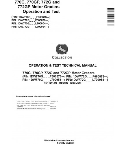 DIAGNOSTIC MANUAL - JOHN DEERE 770G MOTOR GRADERS (TM14244X19)